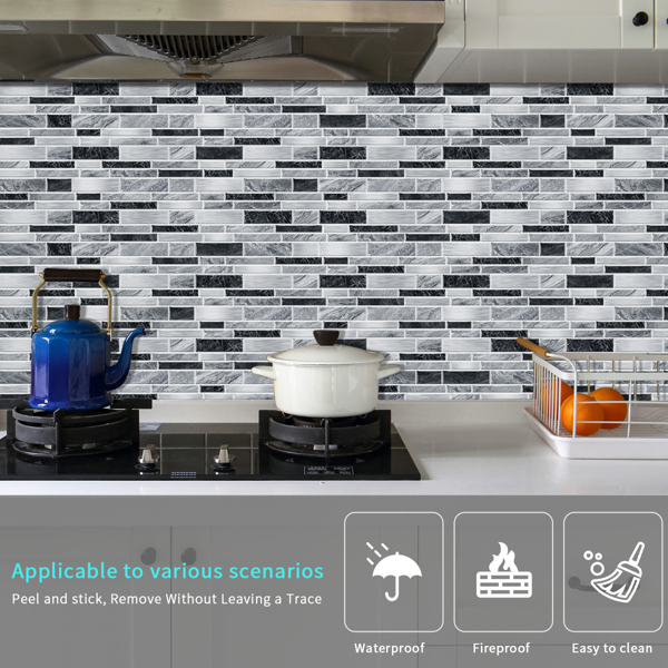 12 PCS Modern Style Alien Marble Pattern Effect PVC Stickers Peel And Stick Wallpaper Waterproof And Oil Resistant, Easy To Maintain Grey And Black Bathroom Kitchen Wall Decor|Interlocking Design-3