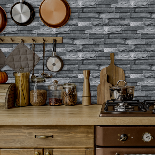 12 Pcs Imitation Stone bricks Grey Wallpaper Bathroom Waterproof Transfer Peel And Stick Backsplash Tile Stickers PVC Wallpaper Kitchen Oil Resistant Tile Decals Home Decoration wall paper-14