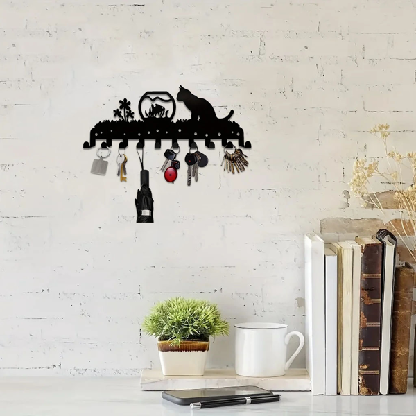 Adorable Kitty - Inspired Metal Wall - Mounted Rack Boasting 10 Hooks, Ideal Decorative Organizer for Walls. Practical and Stylish. Utility Hooks.-16