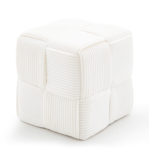 Square Ottoman Foot Stool Corduroy Vanity Chair Bench with Padded Woven Footrest for Entryway Living Room Hallway White-1
