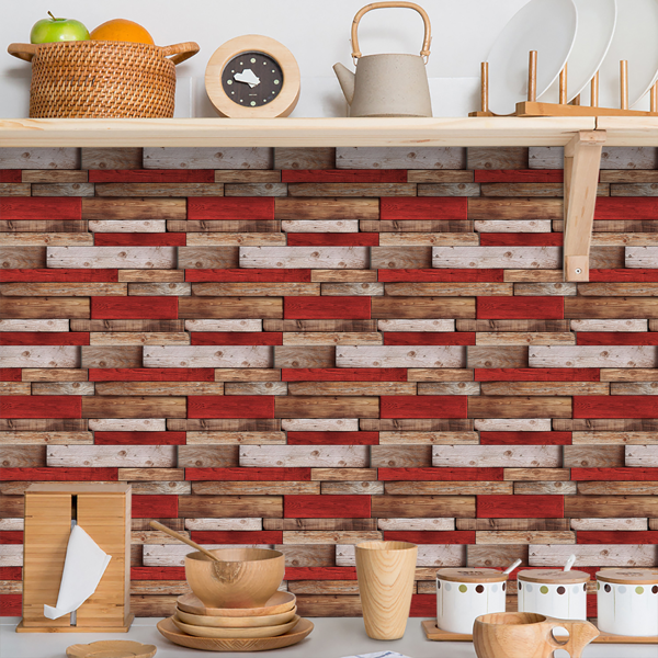 12 Pcs Retro Red Shaped Wood Grain Self-Adhesive Wallpaper PVC Waterproof Oil Proof Detachable Without Leaving Glue Country Style For Kitchen,Bathroom ,Can Be Cut At Will Decoration Wall Wallpaper-8