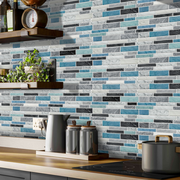 12 PCS Marbled Effect Waterproof Oil-Proof Peel And Stick Tile Stickers Blue Green For Kitchen Bathroom Laundry Room Wall Decor, Bathroom Wall Stickers Wall Decoration (12*24.6cm/4.72*9.68inch)-12