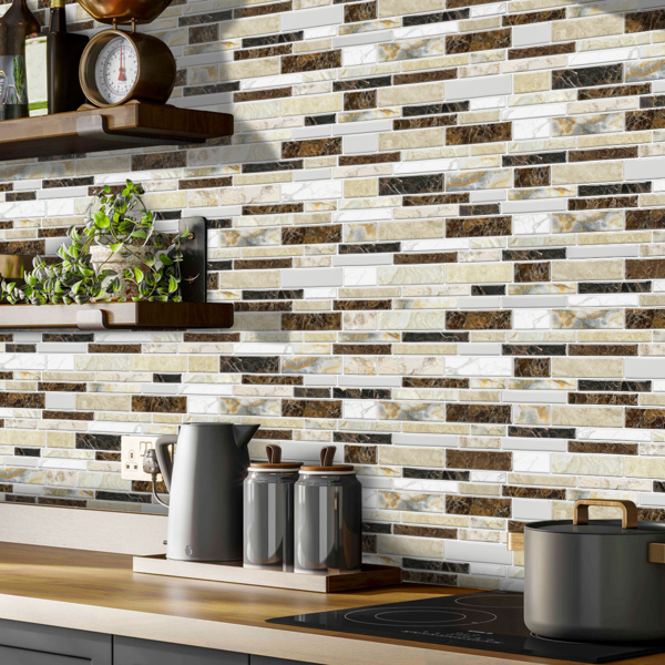 12 PCS Classic Imitation Ceramic Tiles Peel And Stick Backsplash PVC Marble Tile Sticker Waterproof And Oil Proof,Easy To Maintain, Dark Brown Transfer Wall Stickers For Kitchen Bathroom,4.72*9.68inch-15