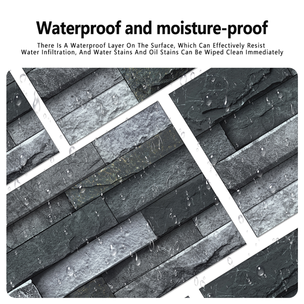 12 Pcs Black Gray Stone Brick Peel And Stick Wallpaper Home Decor Waterproof Self-Adhesive Stickers For Bathroom Kitchen Living Room Backsplash Detachable Without Leaving Glue Easy Installtion-6
