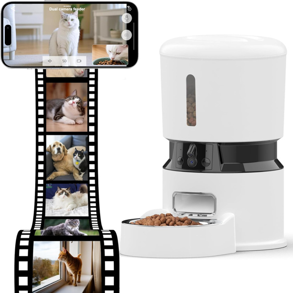 智能WiFi宠物喂食器 – 1080P双摄像头，夜视功能，语音控制，可编程定时器 – 白色-1