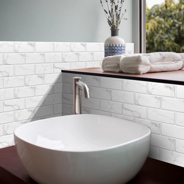 12 Pcs White Marble Look Peel And Stick Tile Backsplash Water Resistant Oil-Proof PVC Self Adhesive Tile Sticker For Kitchen Backsplash And Bathroom Contemporary Wall Design Interior Wall Decoration-10
