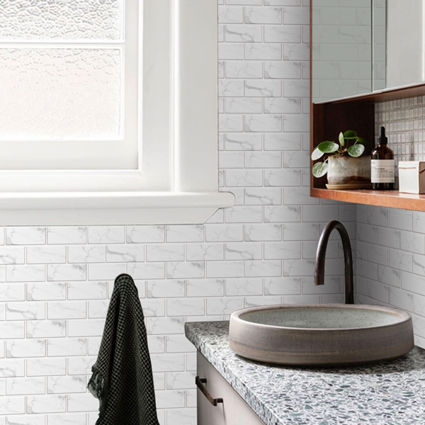 12 Pcs White Marble Look Peel And Stick Tile Backsplash Water Resistant Oil-Proof PVC Self Adhesive Tile Sticker For Kitchen Backsplash And Bathroom Contemporary Wall Design Interior Wall Decoration-5