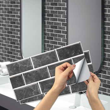 48 Pcs Dark Gray Peel and Stick Backsplash PVC Self-Adhesive Stone Marble Tile with Veined Veins, Glossy Finish Water Resistant for Kitchen, Bathroom, Laundry Room,Easy to Install, Home Decoration
