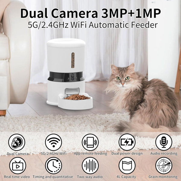 智能WiFi宠物喂食器 – 1080P双摄像头，夜视功能，语音控制，可编程定时器 – 白色-7