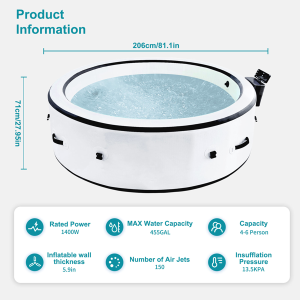 Inflatable hot tub 81.1"*27.9" portable spa pool outdoor spa for 4-6 people with cover equipped with 6 color light beads-2