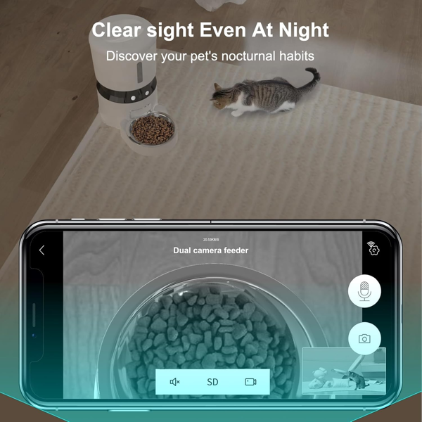 智能WiFi宠物喂食器 – 1080P双摄像头，夜视功能，语音控制，可编程定时器 – 白色-8