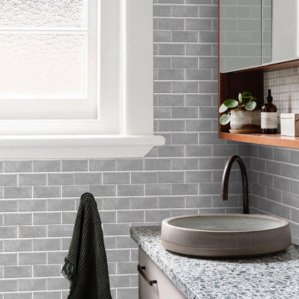 12 Pcs Grey Marble Pvc Wall Sticker Ceramic Tile Pasting Peel And Stick Wallpaper Self-Adhesive Water Resistant Oil-Proof Kitchen And Bathroom DIY Modern Style Wall Stickers Wall Decoration-5