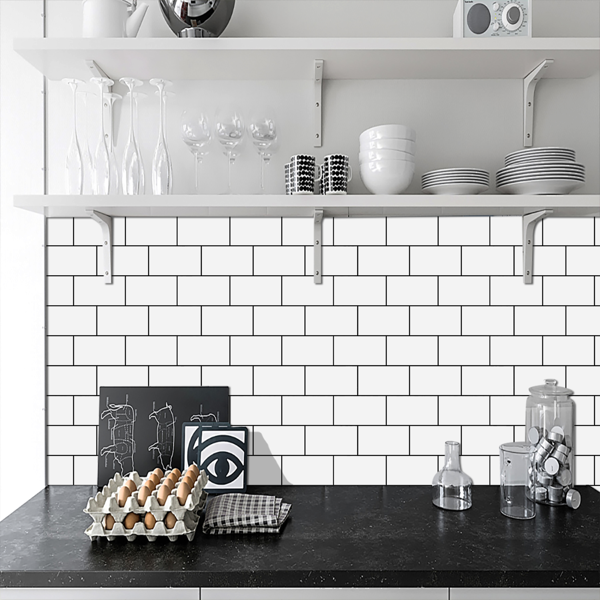 12 Pcs White Black Seam Peel And Stick Backsplash Kitchen Glossy PVC Backsplash Bathroom, Removable, Water Resistant Oil-Proof Self Adhesive Wall Stickers Home Decoration Wall Decoration Materials-11