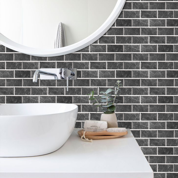 12 Pcs Dark Gray Peel and Stick Backsplash PVC Self-Adhesive Stone Marble Tile with Veined Veins, Glossy Finish Water Resistant for Kitchen, Bathroom, Laundry Room,Easy to Install, Home Decoration-6