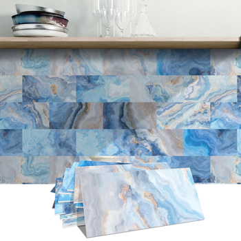 64 Pcs Ocean Blue Marble Wall Stickers Waterproof And Oil Resistant Self-Adhesive Wall Panel PVC Peel And Stick Wallpaper Modern Style Is Used For Kitchen, Bathroom, Laundry Room, Wall Decoration