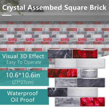 48 Pcs Red Marble Look Peel And Stick Wallpaper PVC Waterproof Self-Adhesive Tile Backsplash For Kitchen Water Resistant For Bathroom Home Decoration Detachable Without Leaving Glue