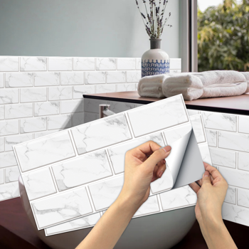 48 Pcs White Marble Look Peel And Stick Tile Backsplash Water Resistant Oil-Proof PVC Self Adhesive Tile Sticker For Kitchen Backsplash And Bathroom Contemporary Wall Design Interior Wall Decoration