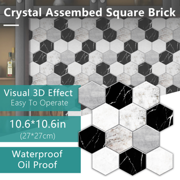 48 Pcs Black And White Marble Wall Stickers Mosaic Hexagon Peel And Stick Backsplash PVC Glossy Self Adhesive Back Splash Honeycomb Stick On Wall Tile  Waterproof For Kitchen,Bathroom,Fireplace
