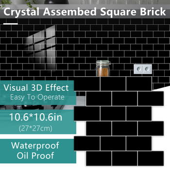48 Pcs Black Design Glossy Peel And Stick Wall Tile, Transfer   Self Adhesive Waterproof And Easy To Clean Stick On Backsplash For Kitchen And Bathroom Easy Installation Without Damaging The Wall
