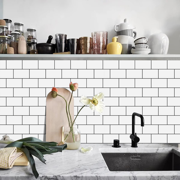 12 Pcs White Black Seam Peel And Stick Backsplash Kitchen Glossy PVC Backsplash Bathroom, Removable, Water Resistant Oil-Proof Self Adhesive Wall Stickers Home Decoration Wall Decoration Materials-9