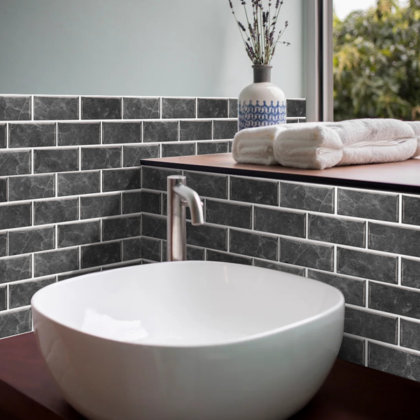 12 Pcs Dark Gray Peel and Stick Backsplash PVC Self-Adhesive Stone Marble Tile with Veined Veins, Glossy Finish Water Resistant for Kitchen, Bathroom, Laundry Room,Easy to Install, Home Decoration-9