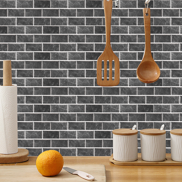 12 Pcs Dark Gray Peel and Stick Backsplash PVC Self-Adhesive Stone Marble Tile with Veined Veins, Glossy Finish Water Resistant for Kitchen, Bathroom, Laundry Room,Easy to Install, Home Decoration-5