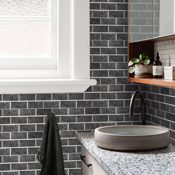 12 Pcs Dark Gray Peel and Stick Backsplash PVC Self-Adhesive Stone Marble Tile with Veined Veins, Glossy Finish Water Resistant for Kitchen, Bathroom, Laundry Room,Easy to Install, Home Decoration-4