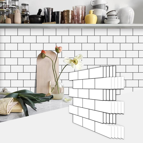 12 Pcs White Black Seam Peel And Stick Backsplash Kitchen Glossy PVC Backsplash Bathroom, Removable, Water Resistant Oil-Proof Self Adhesive Wall Stickers Home Decoration Wall Decoration Materials-5
